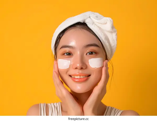 Smiling Asian Woman Applying Face Mask on Yellow Background