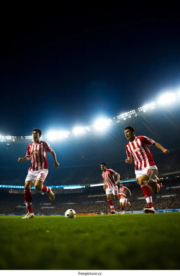Four Asian male soccer players in red and white striped uniforms are running on a field at night under bright lights toward the viewer