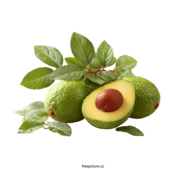 [Transparent Background PNG]Fresh Avocado with Leaves