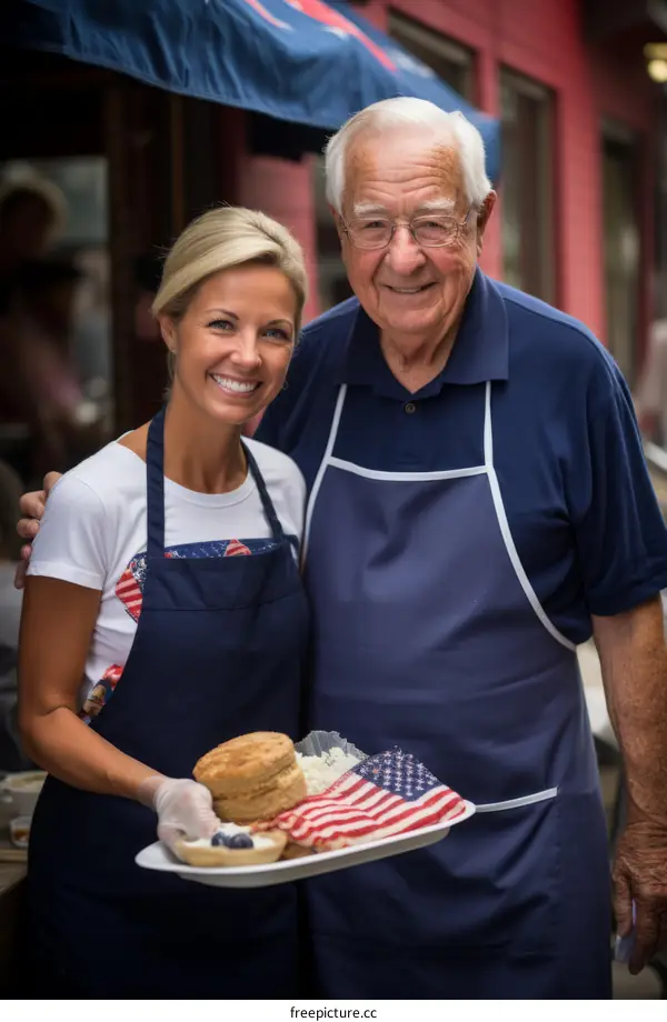 A blonde woman and an elderly man in an apron pose with a plate of food.