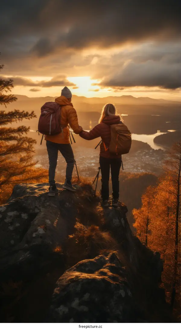 Couple standing on a mountaintop watching the sunset