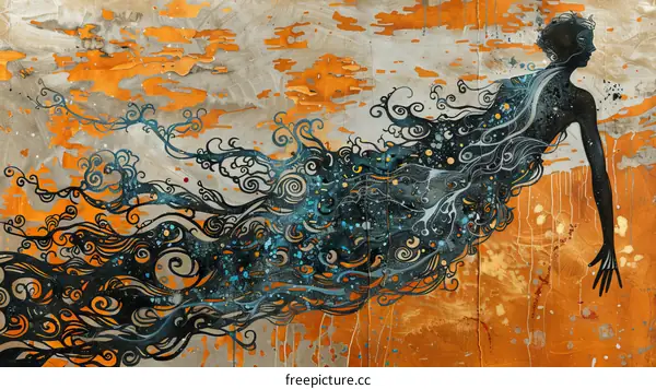 Black and orange abstract painting of a woman