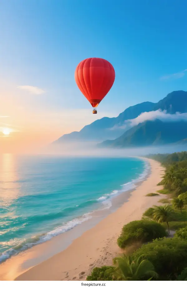 Red Hot Air Balloon Flying Over Scenic Beach with Ocean View