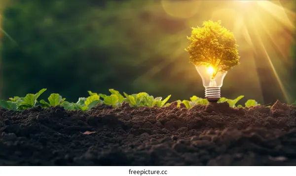 Light bulb tree growing from soil with sunlight