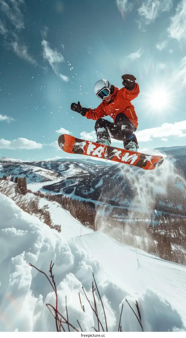 A snowboarder jumps off a snowy mountain peak with a forest in the background