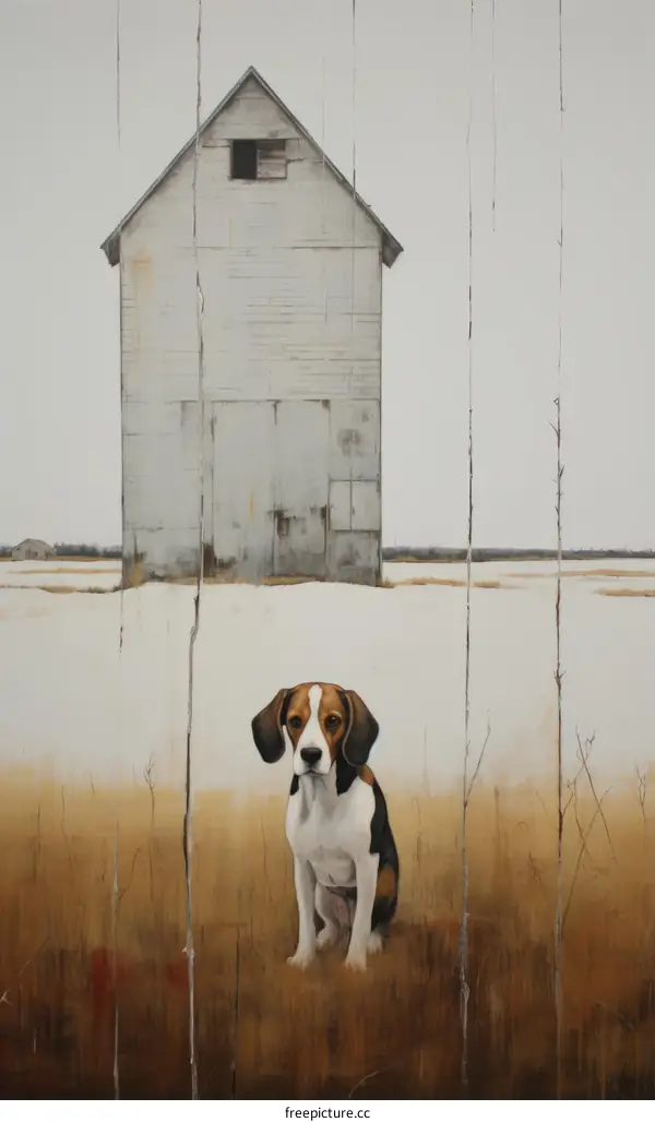 A Beagle Sits in Snowy Field in Front of Barn