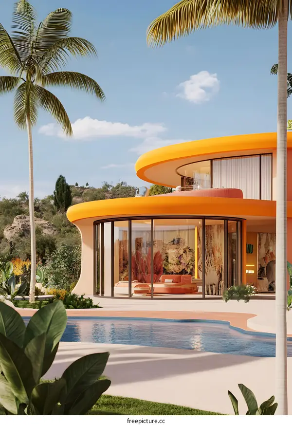 Modern Architecture with Palm Trees and Pool