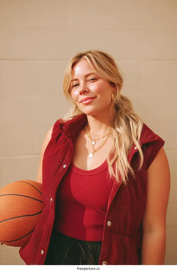 Woman Holding Basketball in Burgundy Corduroy Vest