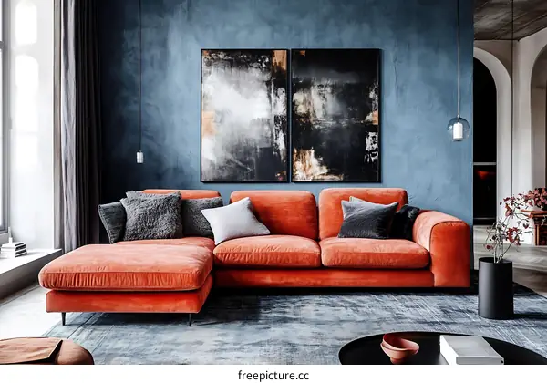 Modern Living Room with Orange Sofa and Abstract Art