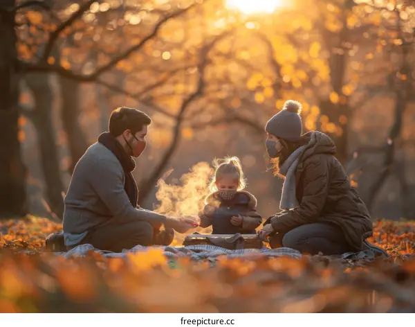 Family having a picnic in the park during fall