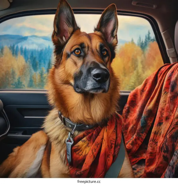 German Shepherd Dog looking out of a car window
