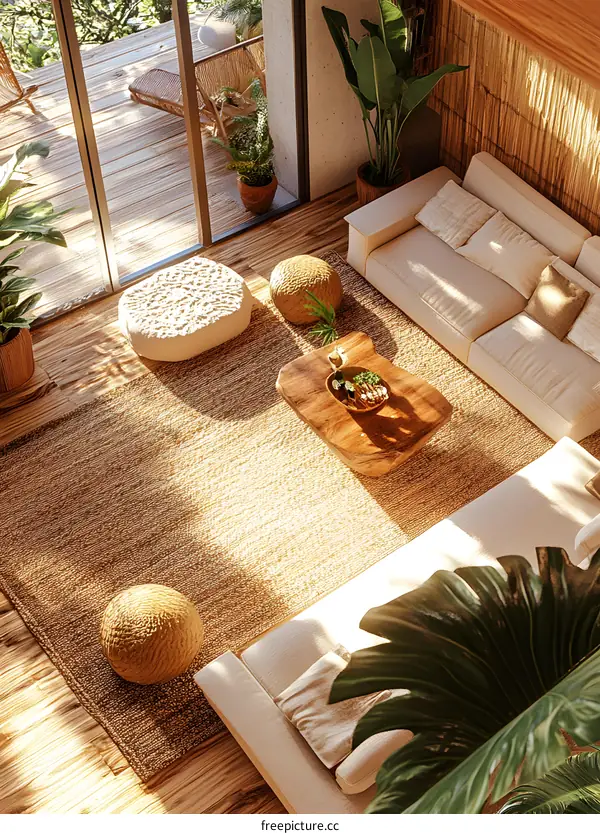 Modern Living Room Interior Design with Tropical Plants and Natural Textures