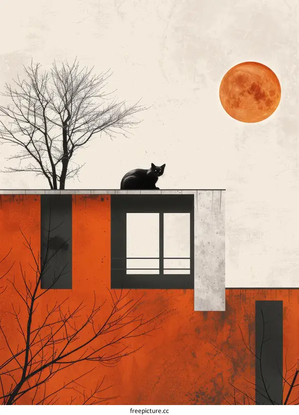 A black cat sits on a rooftop under a red moon