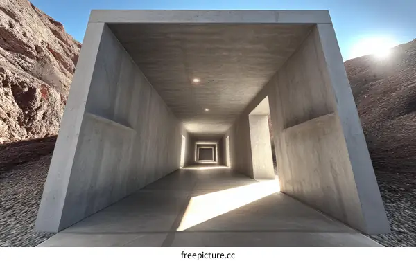 Modern Concrete Corridor in a Desert Landscape
