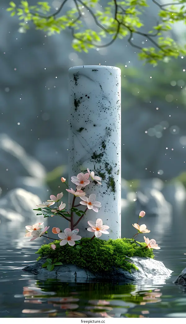 Pink flowers blooming by the pillar in the lake