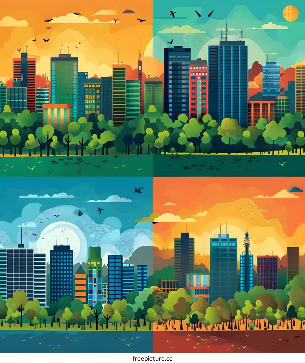 Four Seasons Cityscape Illustration