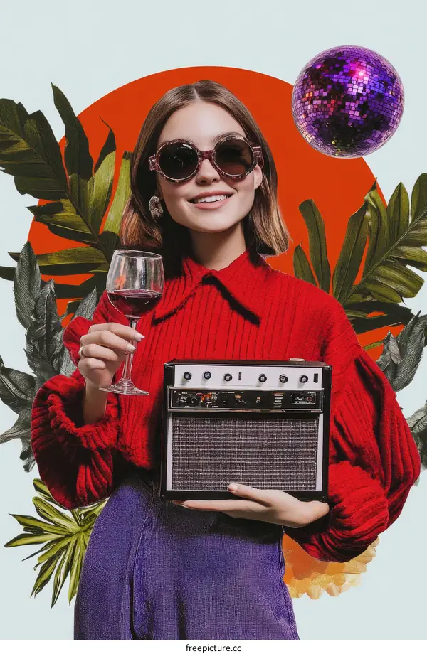 Stylish Woman with Wine and Retro Amplifier Collage