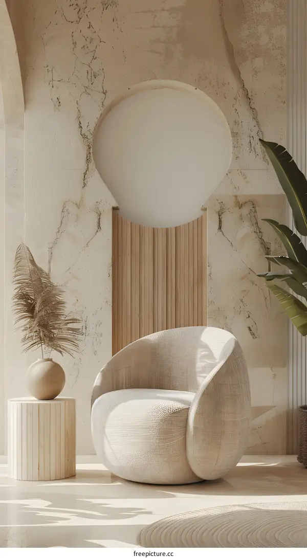 Beige Minimalist Interior Design with Round Chair and Palm Leaf