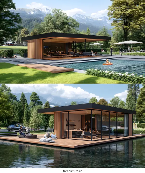 Modern Minimalist Cabin Floating on a Lake in the Mountains