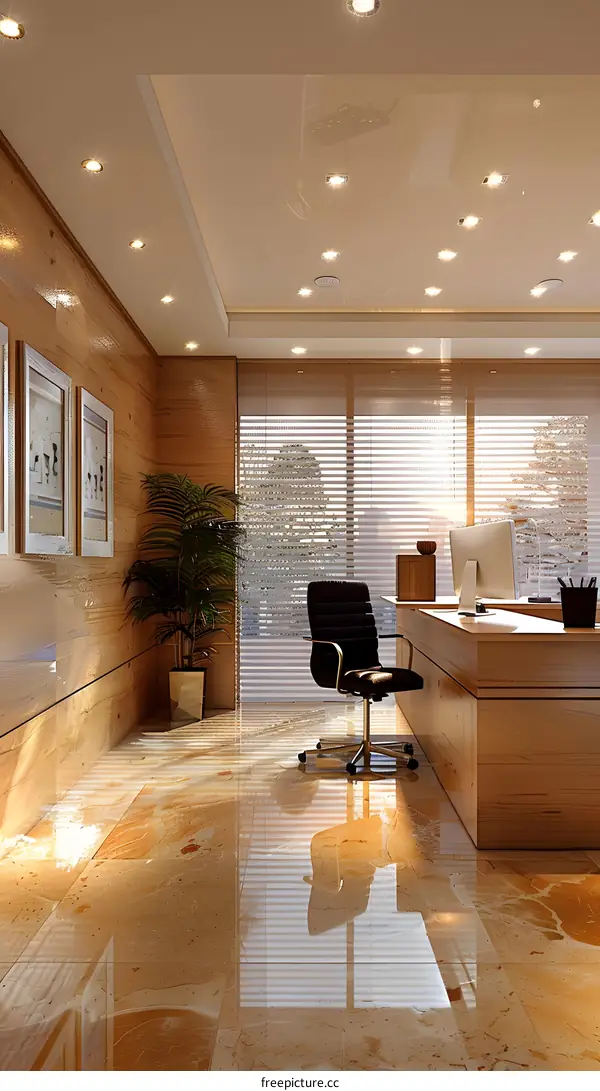 Office interior with wooden floor and walls, large windows and a plant