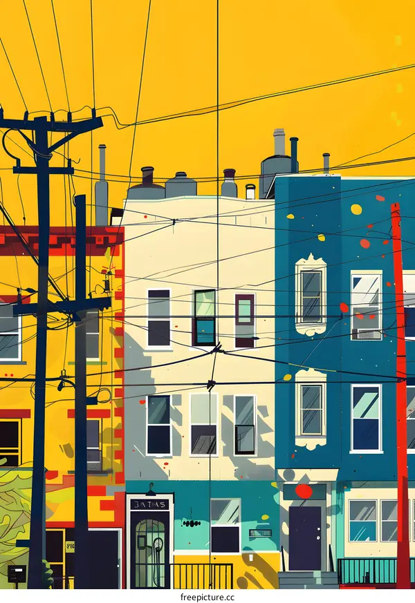 Colorful Illustration of Row Houses with Power Lines