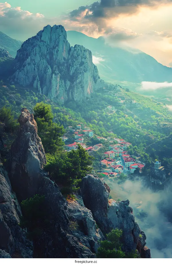 Mountain Village in Foggy Sunrise