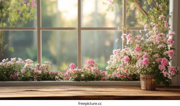 Spring Window Scene with Pink Flowers