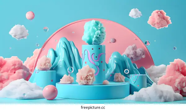 Abstract 3D Rendering Of Blue And Pink Landscape With Clouds And Bubbles