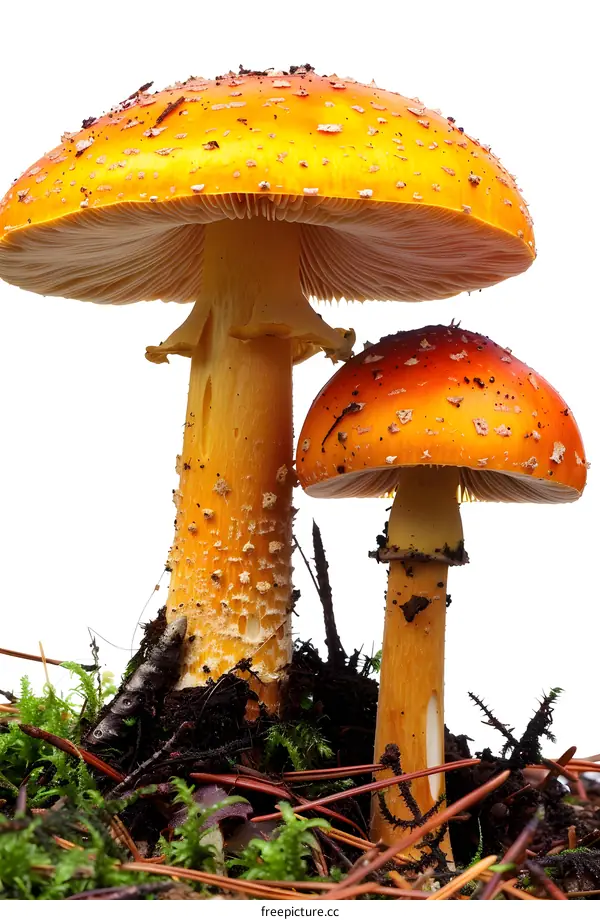 Two orange amanita mushrooms