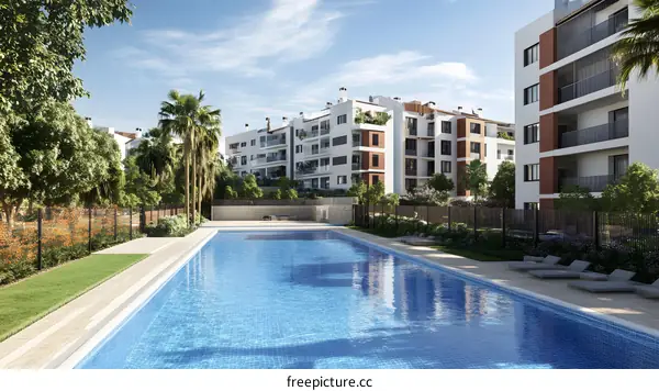 Modern Swimming Pool Design With Palm Trees and Apartments