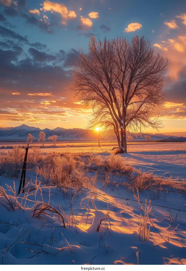 A lonely tree stands in a snowy field at sunset