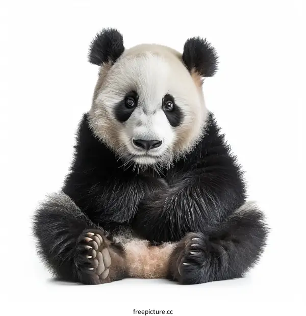 A fluffy panda bear relaxes on a pile of rocks