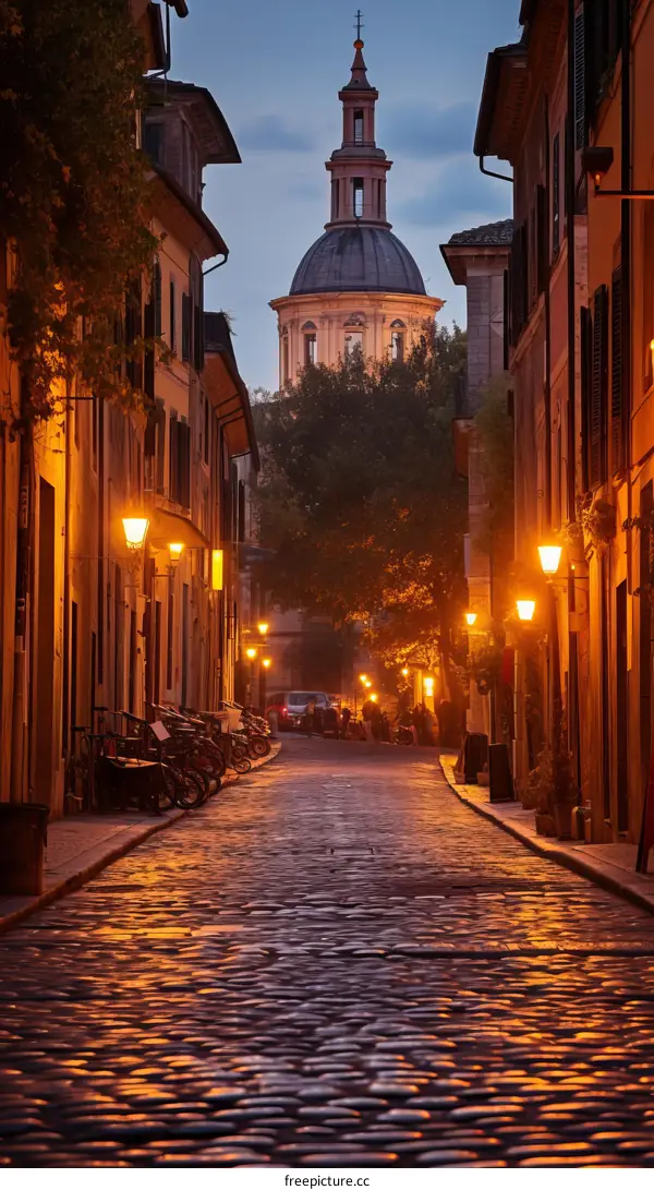 cobblestone street with a view of the church