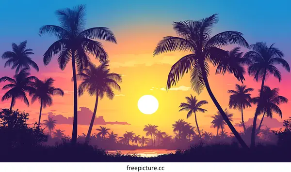 Silhouette Tropical Palm Trees Sunset Landscape