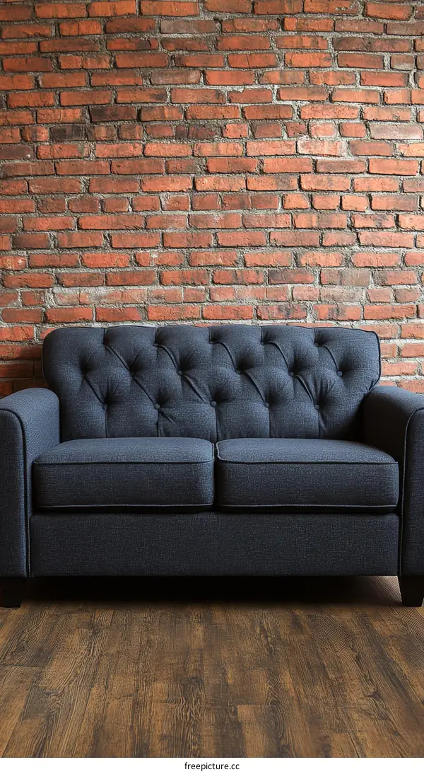 Dark Gray Sofa Against a Red Brick Wall