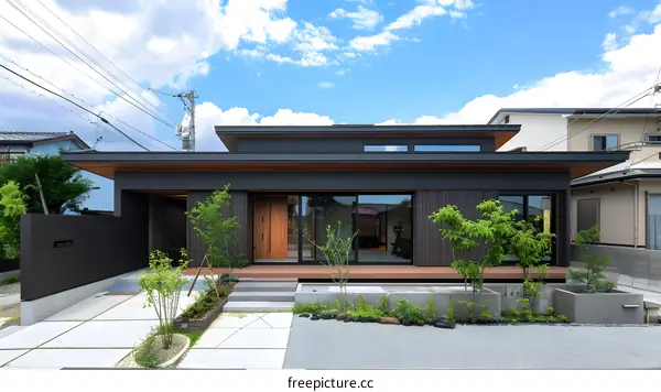 Modern Black and Wood House Exterior with Small Garden and Gravel Driveway