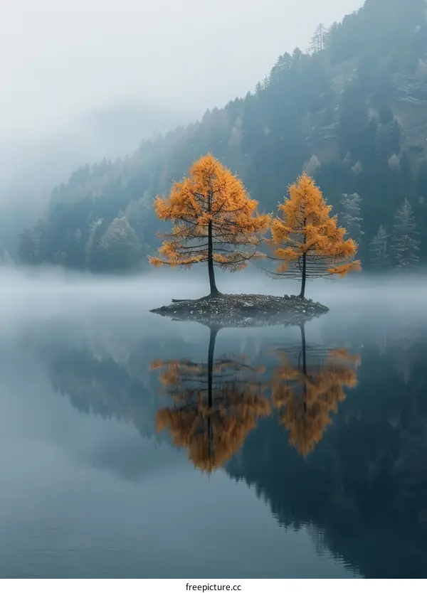 Two trees standing in the middle of a lake surrounded by mountains