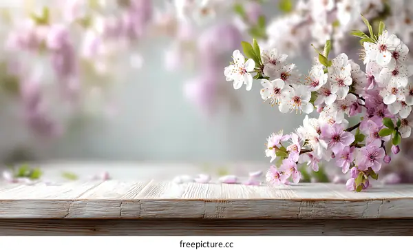 Spring Blossom Floral Background on Wooden Table