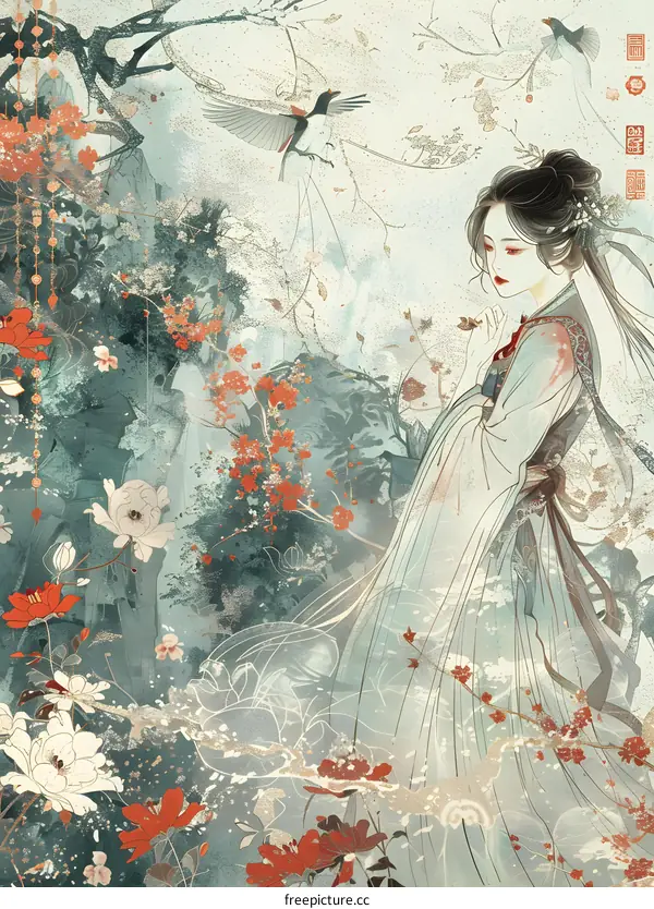 Asian Woman in Traditional Clothing Standing in a Garden