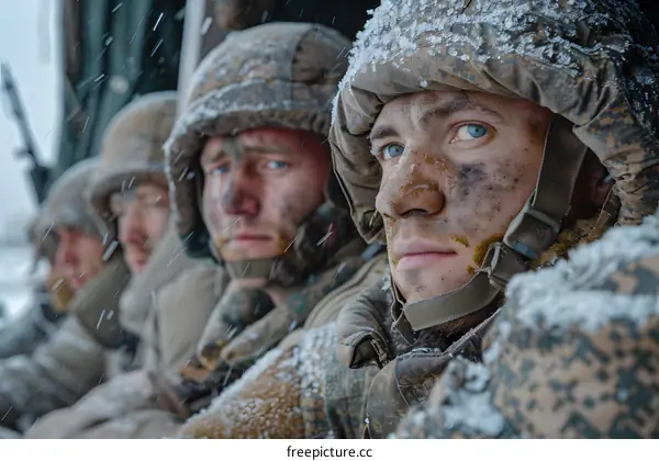 Close Up Portrait of Four Soldiers in Winter