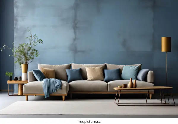 A Stylish and Modern Living Room With Blue Wall and Comfy Sofa