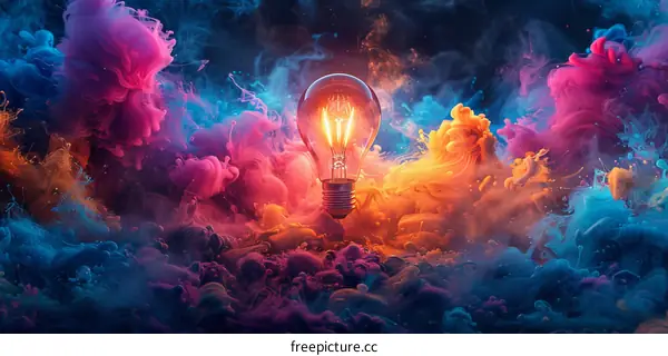 Glowing Lightbulb in Colorful Abstract Smoke