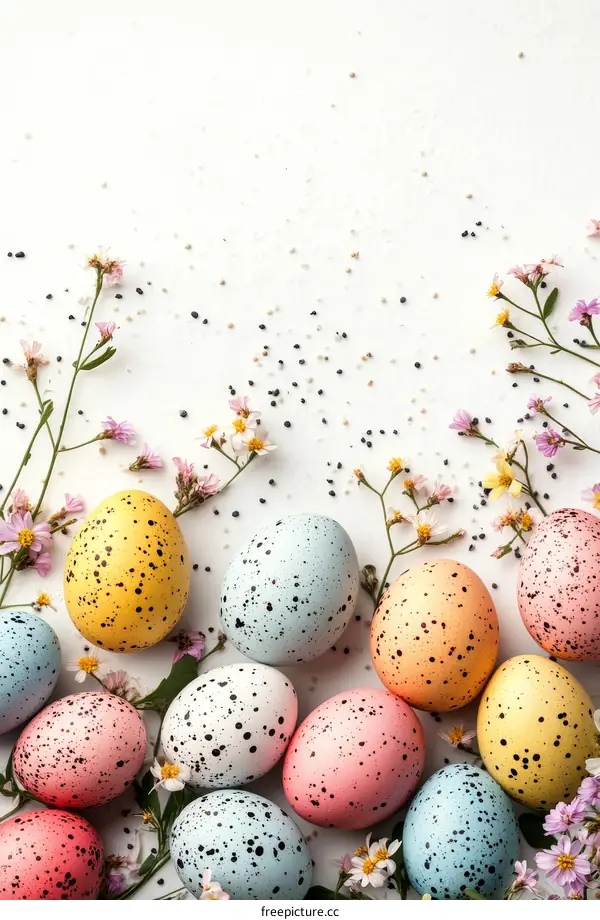 Easter Eggs and Flowers on White Background