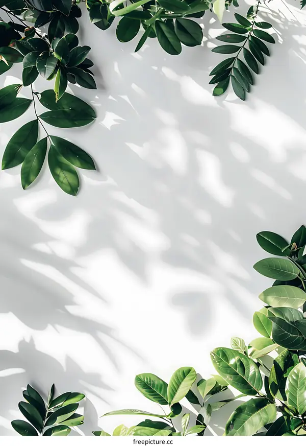 Green Leaves and Shadows on White Background