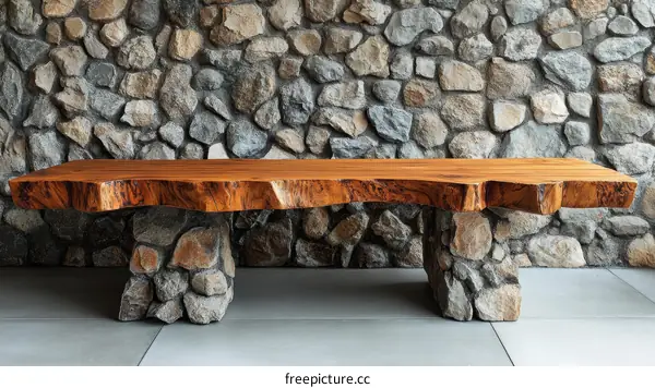 Rustic Wooden Table with Stone Base Outdoor Furniture
