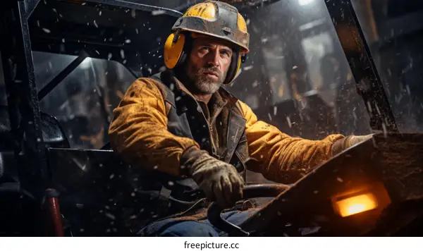 Bearded man in hard hat and ear protection operates heavy machinery in a dusty environment