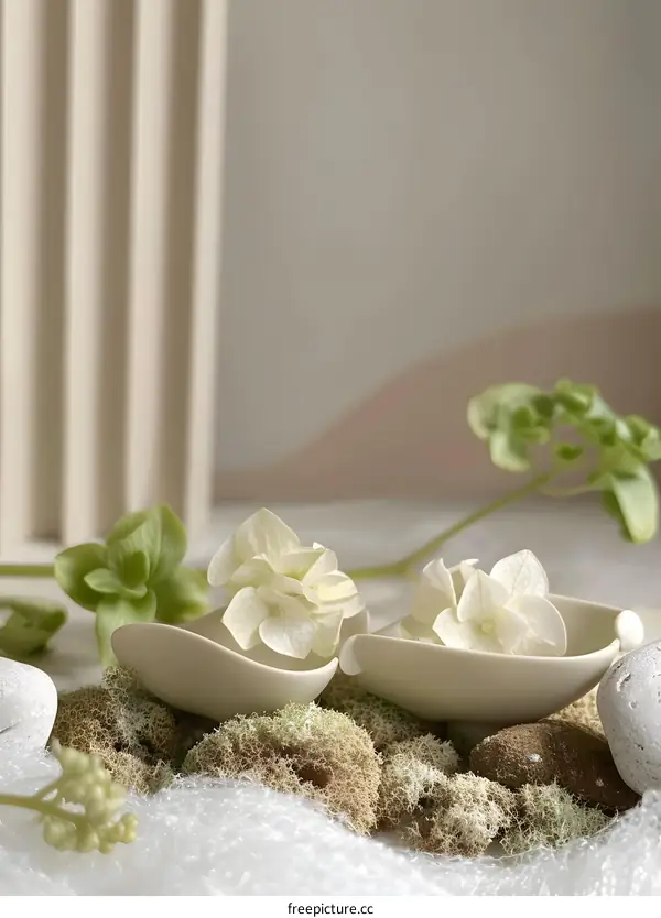 Minimalist White Flowers and Ceramic Bowls on a White and Green Background