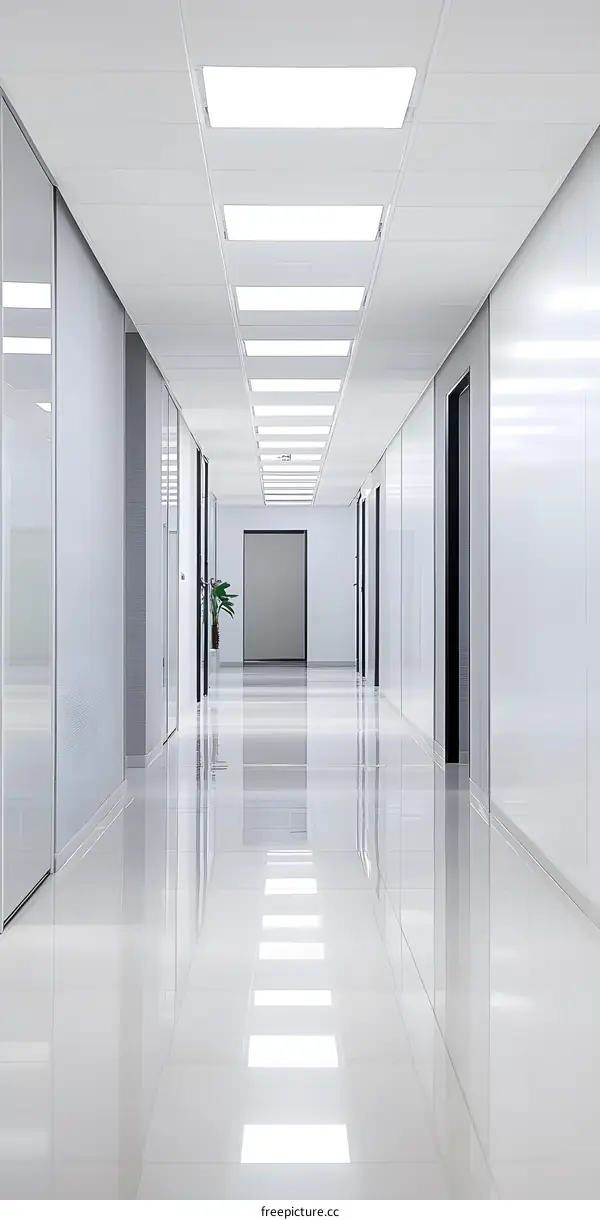 Modern Office Corridor Interior Design with White Walls and Bright Lighting