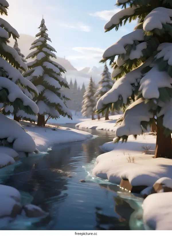 A Scenic Winter River Flowing Through Snow-Covered Pine Trees