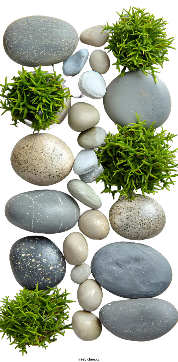 [Transparent Background PNG]Natural Stones and Green Plants on Wooden Background